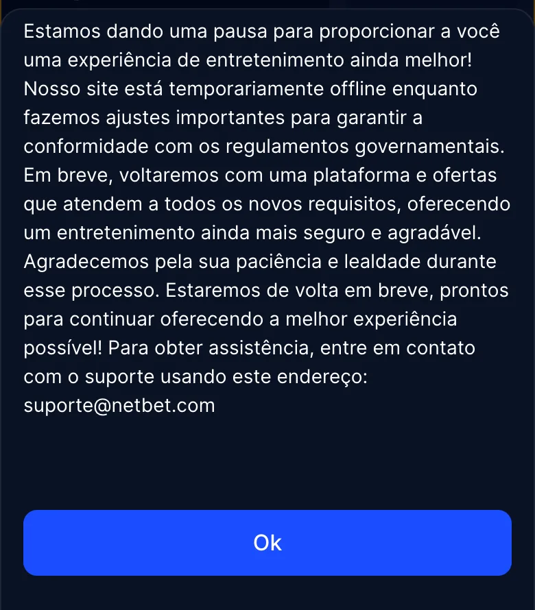 Aviso em português informando que o site está temporariamente offline por ajustes de conformidade.