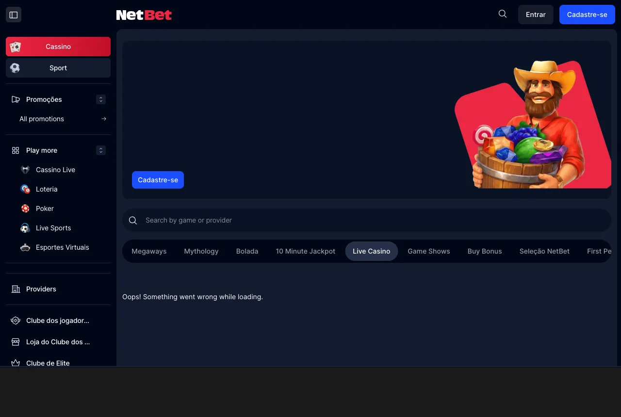 Aba de cassino ao vivo da seção brasileira, versão desktop, com a listagem falhando.