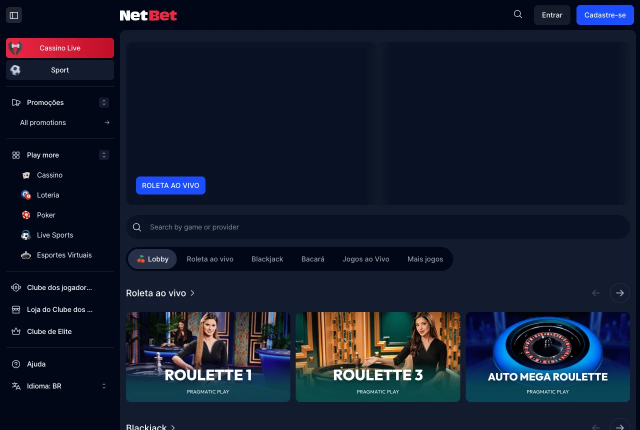 Lobby de cassino ao vivo em português, versão desktop, listando mesas de um fornecedor.