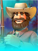 Arte do jogo Big Bass Splash, com um pescador de barba e chapéu de aba larga.