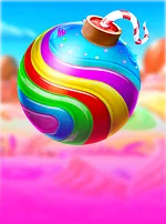 Arte do jogo Sweet Bonanza, com um pirulito colorido em espiral sobre céu rosa.