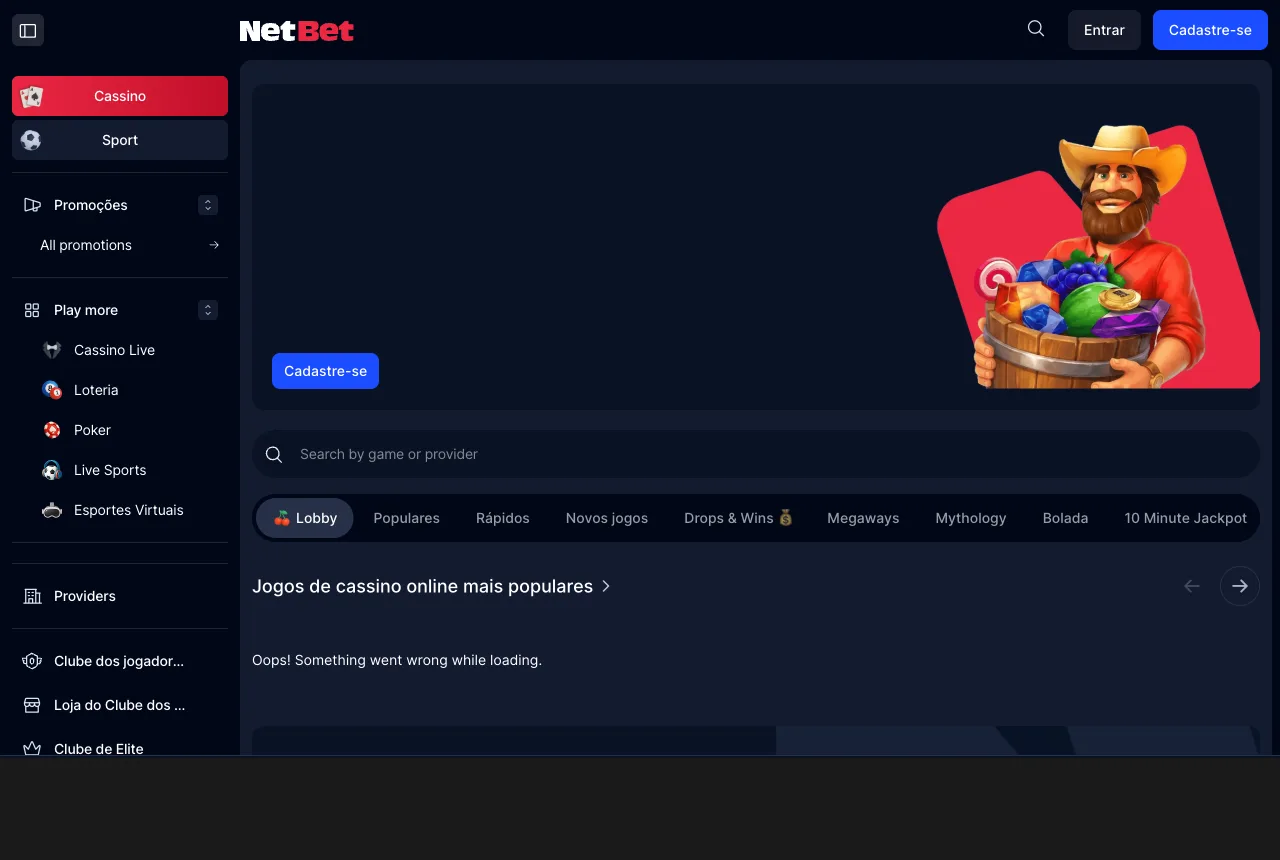 Lobby da seção brasileira com a prateleira de jogos respondendo com erro de carregamento.