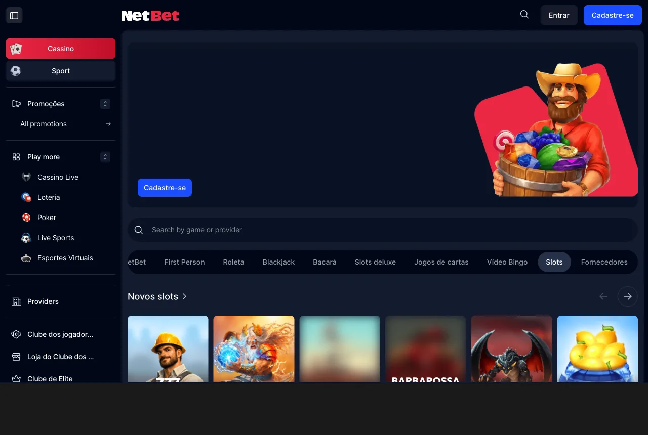 Aba de slots da seção brasileira exibindo miniaturas na prateleira de novidades.
